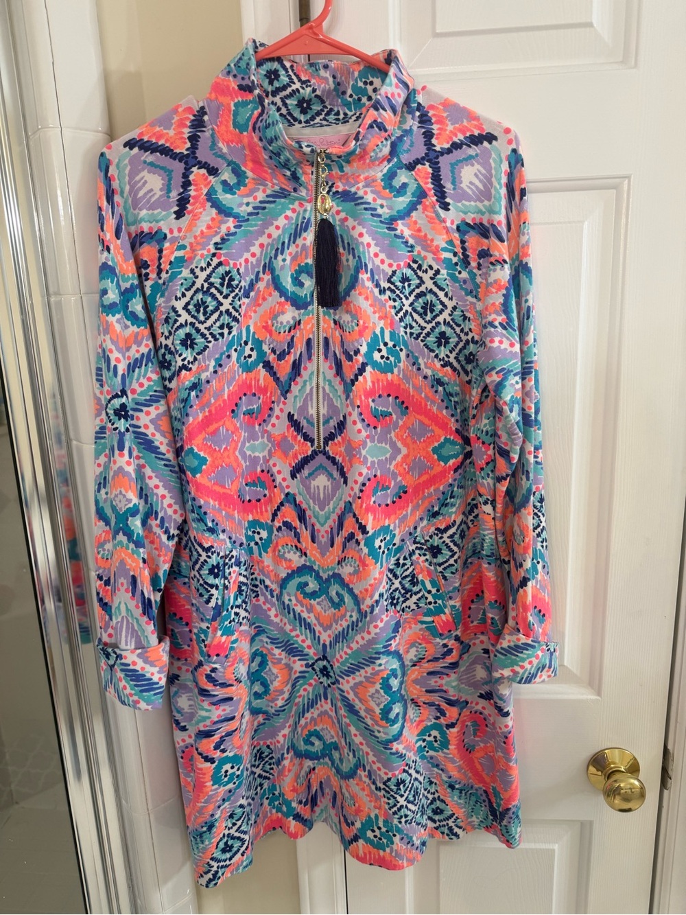 Lilly Pulitzer Multicolor Teal Coral Navy Ikat Tunic